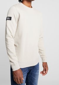 Sweat-shirt beige clair à manches longues et col rond. Présente un patch noir avec texte sur le bras gauche. Matière en coton douce et texturée.