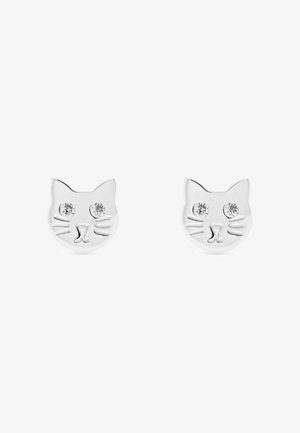 Silver kattansiktörhängen med klara rhinestones som ögon, med graverade mustascher och en slät, glänsande yta. Runda i formen.