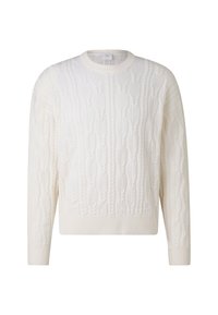 Weißer Pullover mit Zopfmuster, gerippten Bündchen und Saum. Verfügt über ein strukturiertes Muster und einen Rundhalsausschnitt. Hergestellt aus weichem, warmem Material.