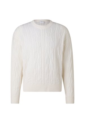 Weißer Pullover mit Zopfmuster, gerippten Bündchen und Saum. Verfügt über ein strukturiertes Muster und einen Rundhalsausschnitt. Hergestellt aus weichem, warmem Material.