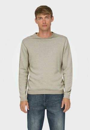 Maglione lavorato a maglia color beige chiaro con motivo testurizzato, colletto, polsini e orlo a coste; abbinato a jeans in denim scuro. Vestibilità e design casual.