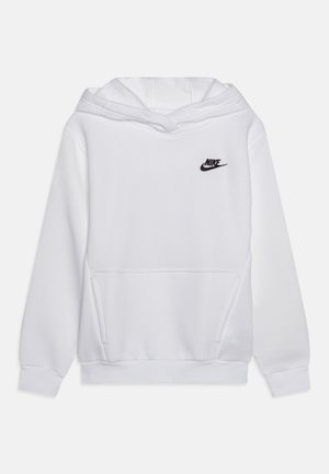 Haut à capuche blanc en tissu doux avec une poche avant. Présente un logo Nike noir sur la poitrine et des poignets et un ourlet côtelés.