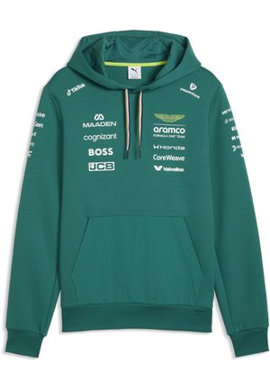 Zielona bluza z kapturem zespołu Aston Martin Formuły 1 z logo sponsorów, przednią kieszenią typu kangurka, kapturem ze ściągaczem oraz ściągaczami na rękawach i dole.