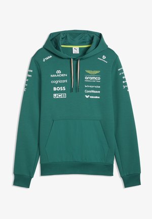 Zielona bluza z kapturem zespołu Aston Martin Formuły 1 z logo sponsorów, przednią kieszenią typu kangurka, kapturem ze ściągaczem oraz ściągaczami na rękawach i dole.