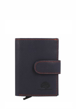 Portafoglio in pelle navy con cuciture arancioni, forma rettangolare, chiusura anteriore con bottone, logo impresso e superficie texturizzata.