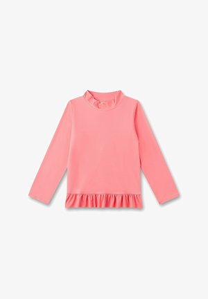 Langärmliges pinkes Hemd mit gerüschtem Saum und Stehkragen. Aus glattem Material gefertigt, mit minimalen Nähten.