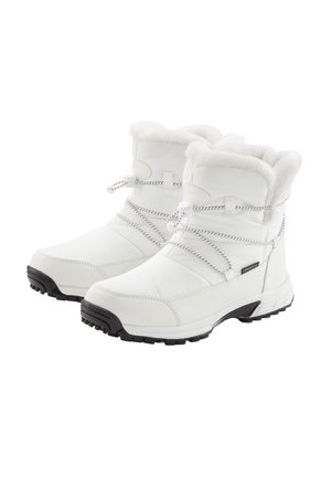 Weiße Winterstiefel mit strukturiertem Obermaterial, weicher Pelzfutter-Auskleidung, Schnürsystem und robusten schwarzen Sohlen für guten Halt. Design in mittlerer Wadenhöhe.