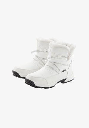 Weiße Winterstiefel mit strukturiertem Obermaterial, weicher Pelzfutter-Auskleidung, Schnürsystem und robusten schwarzen Sohlen für guten Halt. Design in mittlerer Wadenhöhe.