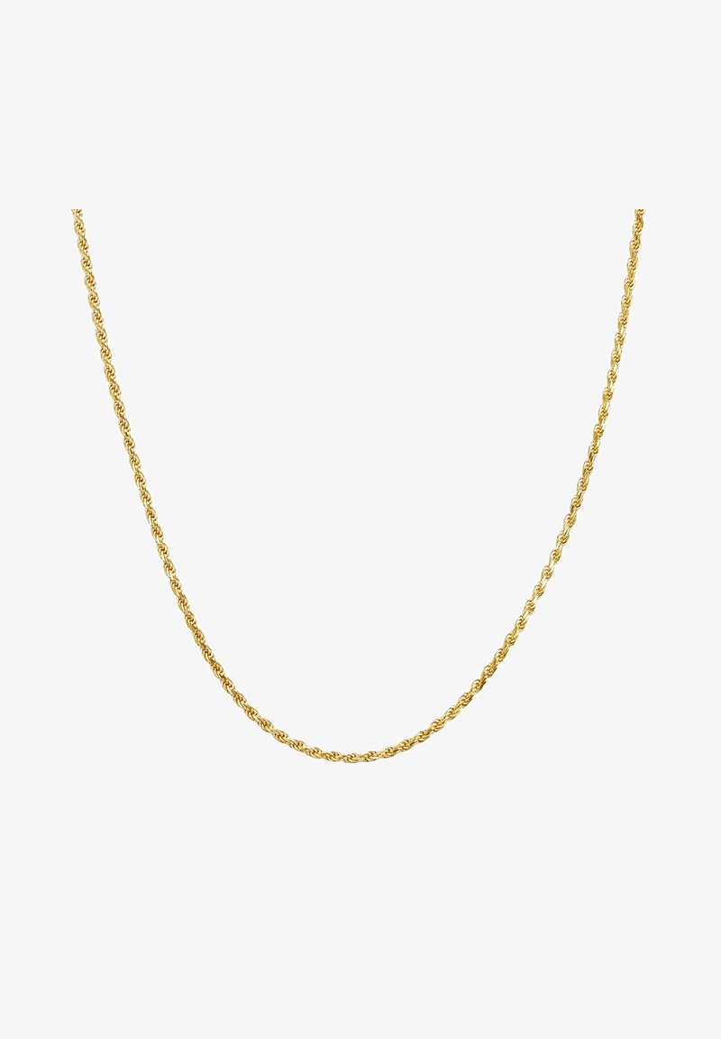 Zelta vērptas virves ķēdes kaklarota, ar gludu, spīdīgu apdari un viendabīgu dizainu ar vienmērīgām vīlēm visā tās garumā.