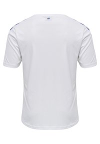 Hvid kortærmet sportstrøje med blå skulderdetaljer, lavet af et glat, åndbart materiale, med rund hals og regular fit.