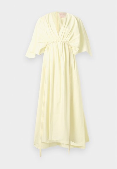 Κίτρινο βαμβακερό φόρεμα με βαθύ V-ντεκολτέ, κοντά φαρδιά μανίκια, κανονική μέση με πλεγμένες λεπτομέρειες και φουσκωτή φούστα.