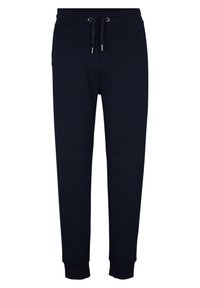 Marineblaue Jogginghosen aus weichem Stoff, mit einem Kordelzug-Bund, Taschen und gerippten Bündchen an den Knöcheln. Keine sichtbaren Muster.