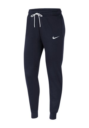 Ciemnoniebieskie dresowe spodnie Nike z elastycznym pasem, białym sznurkiem, zwężanymi nogawkami i białym logo Nike swoosh na lewym udzie.