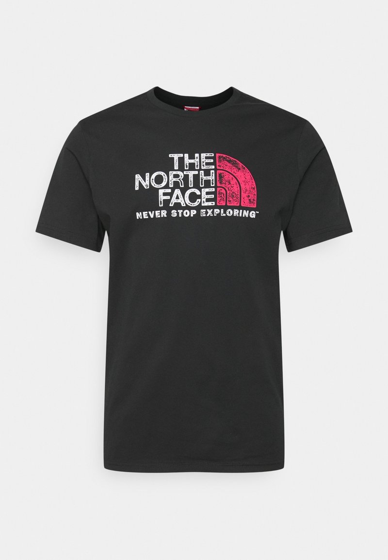 Czarny bawełniany t-shirt z białym i różowym nadrukiem logo "The North Face" oraz hasłem "Never Stop Exploring". Krótkie rękawy, okrągły dekolt.
