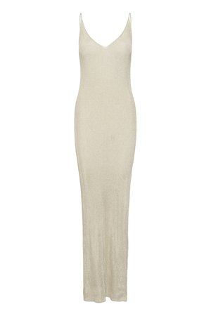 Μακρύ, εφαρμοστό μπεζ φόρεμα χωρίς μανίκια με λεπτές τιράντες και V-λαιμόκοψη, εμφανίζεται σε λευκό φόντο.
