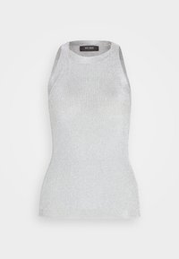 Haut en maille sans manches métallisé argent avec col rond montant, silhouette ajustée et étiquette de marque Mos Mosh à l'intérieur du col.