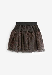 Brun leopardmønstret tylskørt med lagdelte flæser og en sort elastisk talje. Viser en gennemsigtig tekstur og legende design.