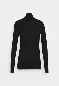 Schwarzer Langarm-Pullover mit Rollkragen und figurnaher Silhouette vor einem schlichten weißen Hintergrund.