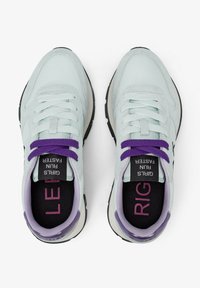Scarpe da ginnastica azzurro chiaro con lacci viola, caratterizzate da una parte superiore testurizzata, suola in gomma nera e supporto alla caviglia imbottito. Sottopiedi etichettati "LE" e "RI."
