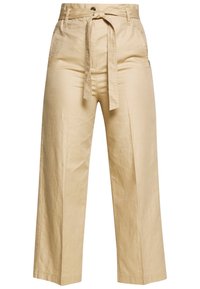 Beige weit geschnittene Hose aus leichtem Stoff, mit einem Frontbindeband, lockerer Passform und seitlichen Taschen. Glatte Textur und klare Linien.