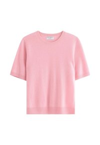 Lyserød kortærmet sweater lavet af blødt materiale, med rund hals og strikket ribkant ved kanten og ærmerne.