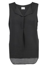 Blouse noire sans manches avec un col en V, un pli à l'avant et un ourlet légèrement plus long à l'arrière. Fabriquée en tissu léger et lisse.