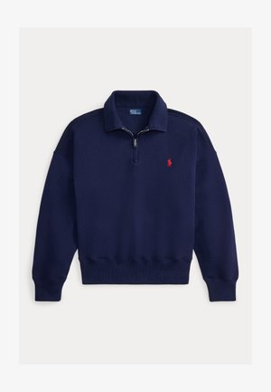 Temno modra pulover majica s puloverjem z zadrgo do polovice, rebrastimi manšetami in spodnjim delom, z majhnim rdečim logotipom na levi strani prsnega koša.