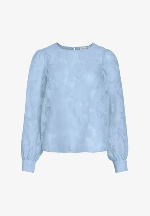 Vaaleansininen pitkähihainen pusero, jossa on hienovarainen kukkakirjailu, pyöreä pääntie ja napitus takakauluksella.