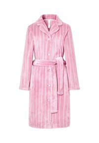 Bañador de felpa a rayas en suave color rosa, con cuello, cierre de botones, dos bolsillos frontales y cinturón a juego atado en la cintura.