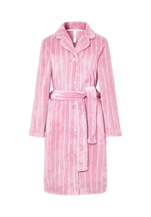 Bañador de felpa a rayas en suave color rosa, con cuello, cierre de botones, dos bolsillos frontales y cinturón a juego atado en la cintura.