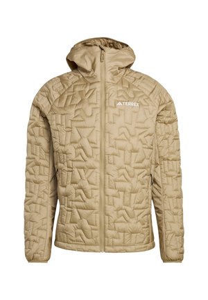 Beige quilted jacket with a hood, featuring a textured pattern, front zipper, and logo on the left chest. Lightweight material.