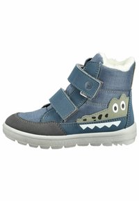 Botas altas de velcro de lona azul con detalles en ante gris; presentan un diseño de cocodrilo en el lateral y un forro interior suave.