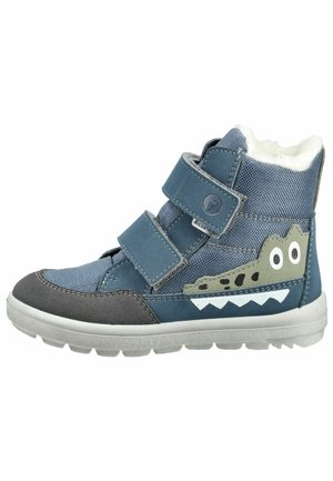 Botas altas de velcro de lona azul con detalles en ante gris; presentan un diseño de cocodrilo en el lateral y un forro interior suave.