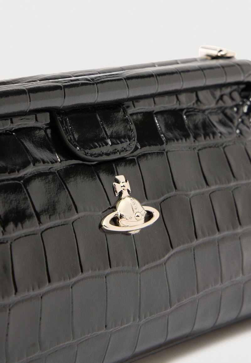 Black glossy crocodile-textured clutch purse with a silver orb-shaped clasp centered on the front flap.