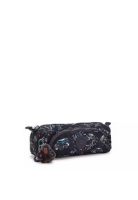 Astuccio con zip in tessuto nero con motivi colorati di animali e veicoli. Include un portachiavi a forma di scimmia morbida attaccato.