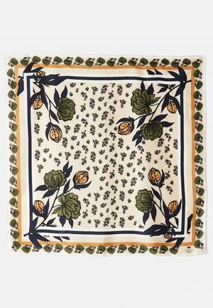 Silk scarf featuring a cream background with floral designs in green and orange. Framed by a patterned border with green accents.