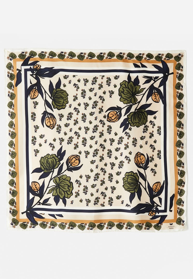 Silk scarf featuring a cream background with floral designs in green and orange. Framed by a patterned border with green accents.