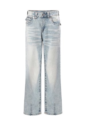 Jasnoniebieskie wyblakłe jeansy o prostych nogawkach z przednimi kieszeniami, szlufkami na pasek oraz małymi przednimi rozcięciami na dole nogawek.