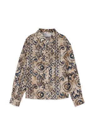 Béžová košile na zapínání s dlouhým rukávem s propracovaným tmavě modrým a hnědým abstraktním květinovým a spirálovým vzorem.