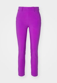 Slim-fit purple pants with a subtle black grid pattern, belt loops, and back pockets, shown from the rear on a white background.