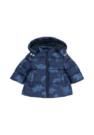 Doudoune bleu marine pour tout-petit avec capuche, motifs de dinosaures, fermeture éclair devant et boutons-pression sur les côtés de la capuche.