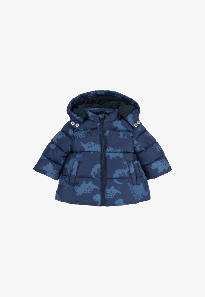 Doudoune bleu marine pour tout-petit avec capuche, motifs de dinosaures, fermeture éclair devant et boutons-pression sur les côtés de la capuche.