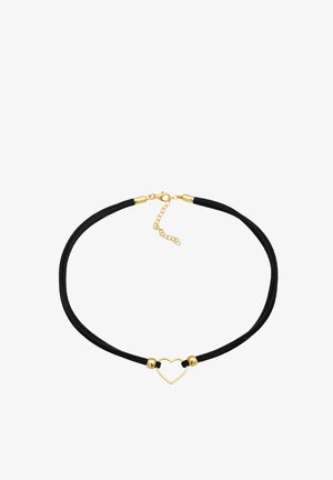 Choker de ante negro con un colgante en forma de corazón dorado, que presenta tapas de extremo doradas y un cierre ajustable con un extensor de cadena.
