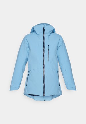 Helle blaue wasserdichte Jacke mit Kapuze, durchgehendem Reißverschluss und zwei seitlichen Taschen. Hat lange Ärmel und einen leicht gewölbten Saum.