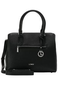 Sac à main en cuir noir texturé avec double poignées, bandoulière amovible, poche zippée à l'avant et accent en métal avec logo. Mesure 25 x 30 cm.