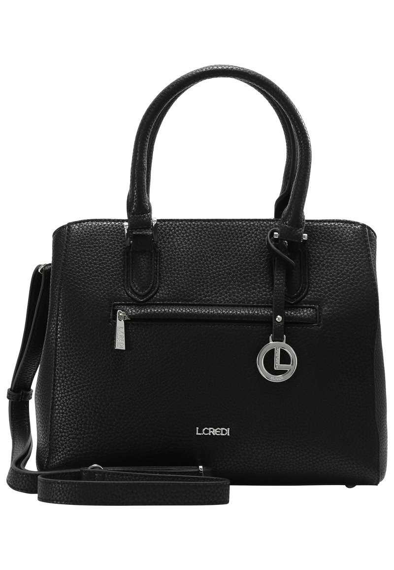 Sac à main en cuir noir texturé avec double poignées, bandoulière amovible, poche zippée à l'avant et accent en métal avec logo. Mesure 25 x 30 cm.