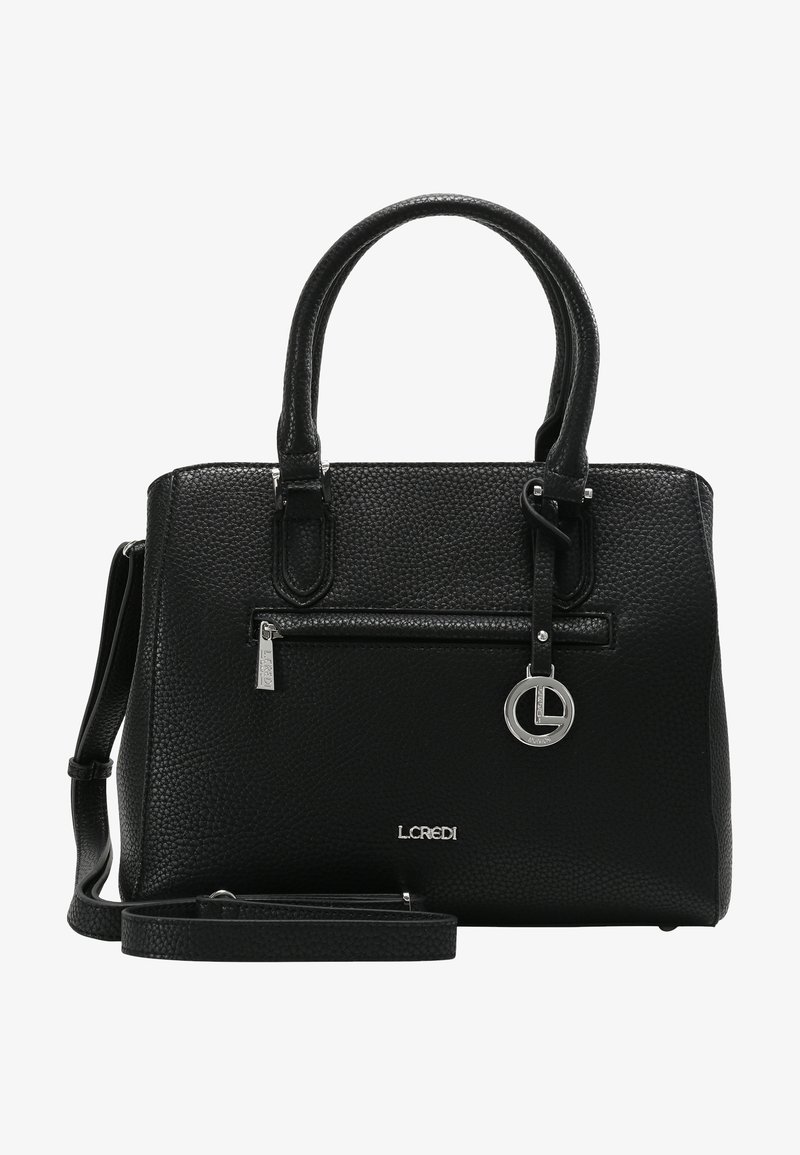Black textured leather handbag with dual handles, detachable shoulder strap, front zip pocket, and metal logo accent. Measures 25 x 30 cm.