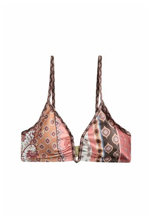 Triangle bikini top with a mix of pink, brown, and white patterns. Features thin adjustable straps and a gathered texture along the edges.