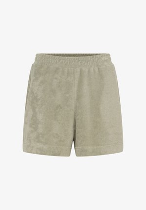 Shorts in tessuto verde e morbido con vita elastica. Lunghezza corta e superficie liscia, privi di tasche visibili o decorazioni.