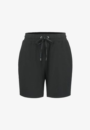 Mustat shortsit pehmeästä kankaasta, joissa on joustava vyötärönauha ja kiristysnauha sekä sivutaskut. Minimalistinen muotoilu, ilman kuvioita.